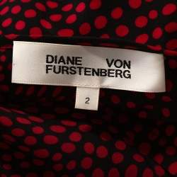 Pre Owned Diane Von Furstenberg Red Printed Silk Cross Over Ruffle Detail Midi Dress S 