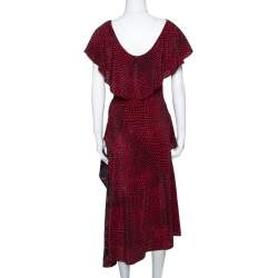 Pre Owned Diane Von Furstenberg Red Printed Silk Cross Over Ruffle Detail Midi Dress S 