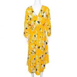Pre Owned Diane von Furstenberg Yellow Floral Print Silk Eloise Wrap Dress M