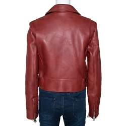 Pre Owned Diane von Furstenberg Wine Red Leather Cropped Biker Jacket M