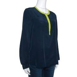 Pre Owned Diane Von Furstenberg Naval Blue Silk Contrast Trim Maisy Blouse L