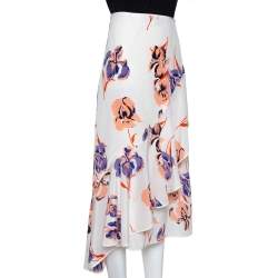 Pre Owned Diane von Furstenberg Ivory Printed Silk Ruffled Faux Wrap Skirt L