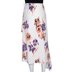 Pre Owned Diane von Furstenberg Ivory Printed Silk Ruffled Faux Wrap Skirt L