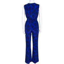 Pre Owned Diane von Furstenberg Royal Blue Printed Silk Sleeveless Jumpsuit S
