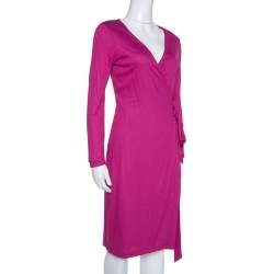 Pre Owned Diane von Furstenberg Fuchsia Pink Jersey New Julian LS Wrap Dress S