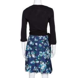 Pre Owned Diane von Furstenberg Navy Blue Wool & Silk Jewel Wrap Dress M