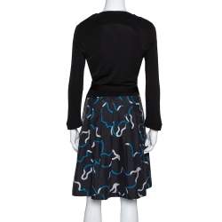 Pre Owned Diane von Furstenberg Black Printed Wool & Silk Jewel Wrap Dress M