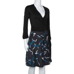 Pre Owned Diane von Furstenberg Black Printed Wool & Silk Jewel Wrap Dress M