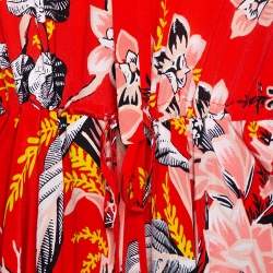 Pre Owned Diane von Furstenberg Red Printed Silk Bethany Cinch Sleeve Maxi Dress XS