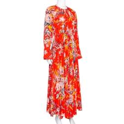 Pre Owned Diane von Furstenberg Red Printed Silk Bethany Cinch Sleeve Maxi Dress XS