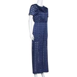 Pre Owned Diane von Furstenberg Navy Blue Check Patterned Satin Jumpsuit M