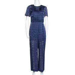 Pre Owned Diane von Furstenberg Navy Blue Check Patterned Satin Jumpsuit M