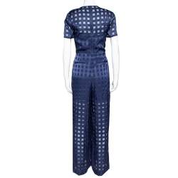 Pre Owned Diane von Furstenberg Navy Blue Check Patterned Satin Jumpsuit M