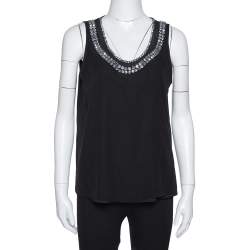 Diane Von Furstenberg Black Crystal Embellished Silk Ade Top S
