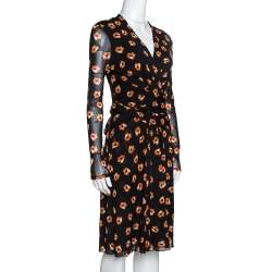 Pre Owned Diane von Furstenberg Black & Orange Floral Print Wrap Dress S