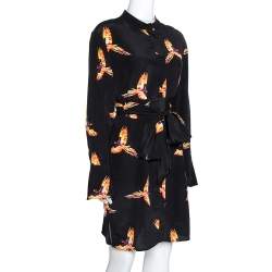 Pre Owned Diane von Furstenberg Black Bird Print Silk Shirt Dress M