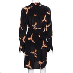 Pre Owned Diane von Furstenberg Black Bird Print Silk Shirt Dress M