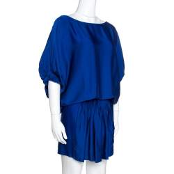 Pre Owned Diane von Furstenberg Blue Silk Ruched Handy Dress M
