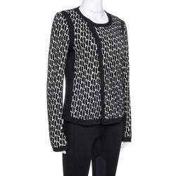Pre Owned Diane Von Furstenberg Black & Cream Textured Knit Patricia Hounds Jacket L