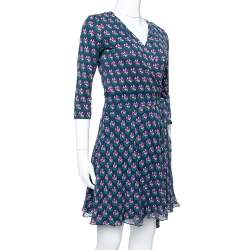 Pre Owned Diane von Furstenberg Navy Blue Floral Print Silk Irina Wrap Dress S