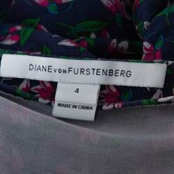 Pre Owned Diane von Furstenberg Navy Blue Floral Print Silk Irina Wrap Dress S