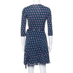 Pre Owned Diane von Furstenberg Navy Blue Floral Print Silk Irina Wrap Dress S