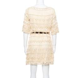 Pre Owned Diane von Furstenberg Cream Crochet Macrame Solar Belted Dress M