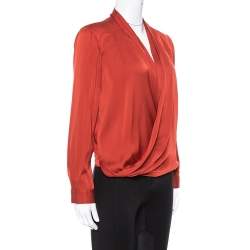 Pre Owned Diane von Furstenberg Burnt Orange Silk Cross Over Front Issie Blouse S