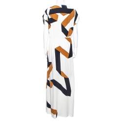 Pre Owned Diane Von Furstenberg Cream Ribbon Print Silk Ethyl Maxi Dress M