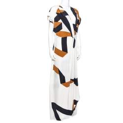 Pre Owned Diane Von Furstenberg Cream Ribbon Print Silk Ethyl Maxi Dress M