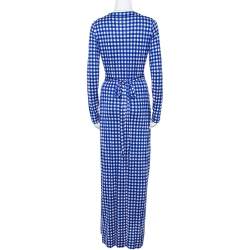 Pre Owned Diane Von Furstenberg Blue Gingham Silk Jersey New Julian Wrap Dress M