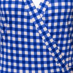 Pre Owned Diane Von Furstenberg Blue Gingham Silk Jersey New Julian Wrap Dress M