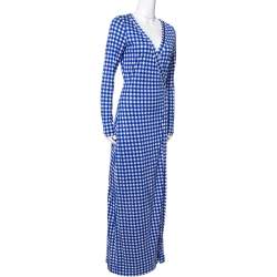Pre Owned Diane Von Furstenberg Blue Gingham Silk Jersey New Julian Wrap Dress M