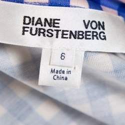 Pre Owned Diane Von Furstenberg Blue Gingham Silk Jersey New Julian Wrap Dress M