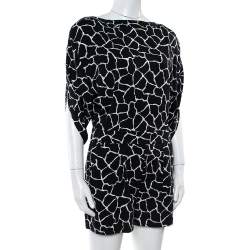 Pre Owned Diane Von Furstenberg Black/White Silk Blend Soleil Slit Back Romper S 