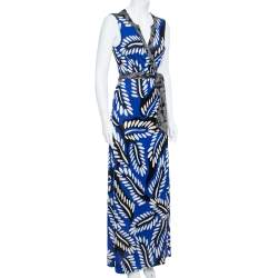 Diane von Furstenberg Blue Printed Silk Jersey Orchid Maxi Wrap Dress M