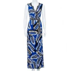 Diane von Furstenberg Blue Printed Silk Jersey Orchid Maxi Wrap Dress M