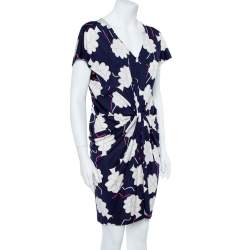 Pre Owned Diane Von Furstenberg Blue/White Floral Print Silk Jersey Draped Nobuko Dress L