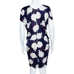 Pre Owned Diane Von Furstenberg Blue/White Floral Print Silk Jersey Draped Nobuko Dress L