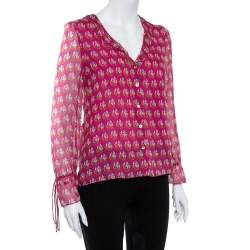Pre Owned Diane von Furstenberg Bright Pink Silk Floral Print Kirsty Blouse XS