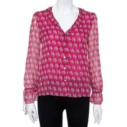 Pre Owned Diane von Furstenberg Bright Pink Silk Floral Print Kirsty Blouse XS