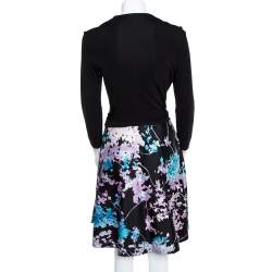 Pre Owned Diane von Furstenberg Black Wool Silk Blend Floral Print Wrap Dress L