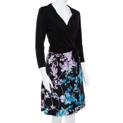 Pre Owned Diane von Furstenberg Black Wool Silk Blend Floral Print Wrap Dress L