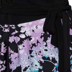 Pre Owned Diane von Furstenberg Black Wool Silk Blend Floral Print Wrap Dress L