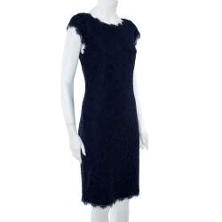 Pre Owned Diane Von Furstenberg Navy Blue Lace Detail Dress L