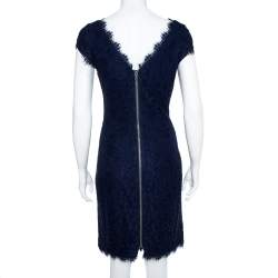 Pre Owned Diane Von Furstenberg Navy Blue Lace Detail Dress L