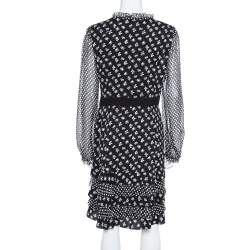 Pre Owned Diane Von Furstenberg Monochrome Floral Printed Silk & Ruffle Detail Fionna Maxi Dress L