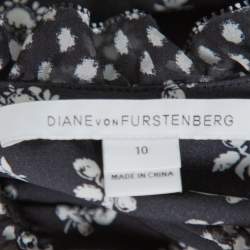 Pre Owned Diane Von Furstenberg Monochrome Floral Printed Silk & Ruffle Detail Fionna Maxi Dress L