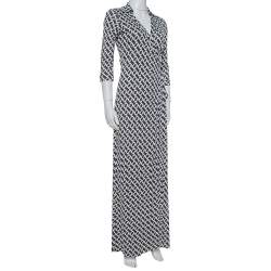Pre Owned Diane Von Furstenberg Monochrome Collared Abigail Maxi Wrap Dress S