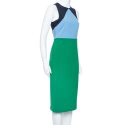 Pre Owned Diane Von Furstenberg Blue & Green Color Block Wool Sheath Dress M
